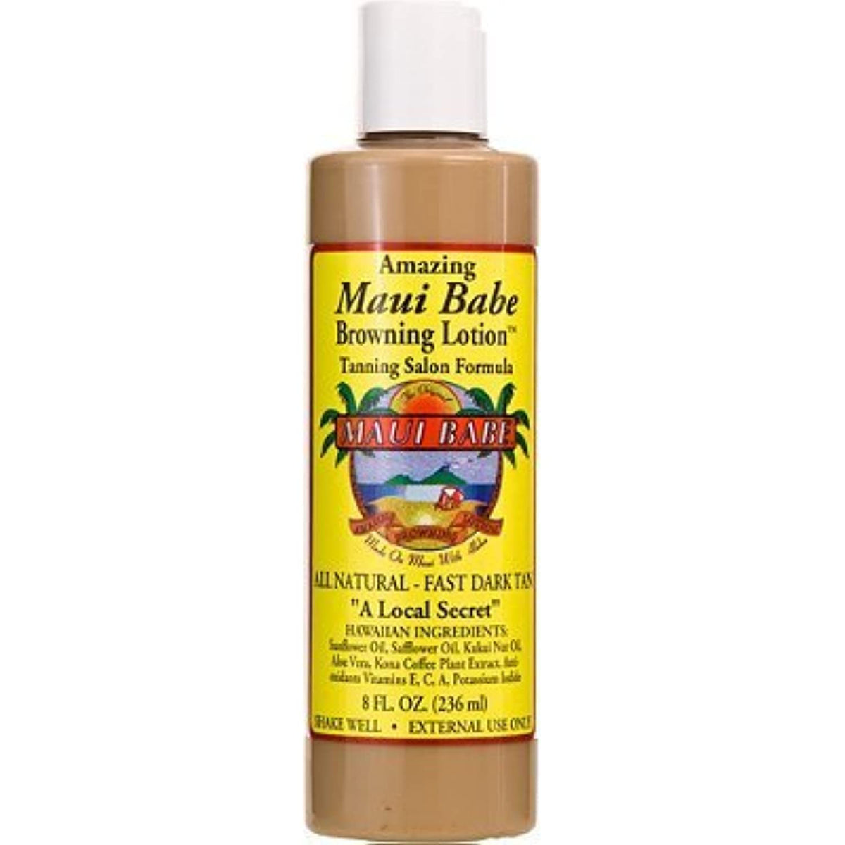 Maui Babe Formule Salon — Bouteille versement, hydratation durable idéale en cabine de bronzage.
