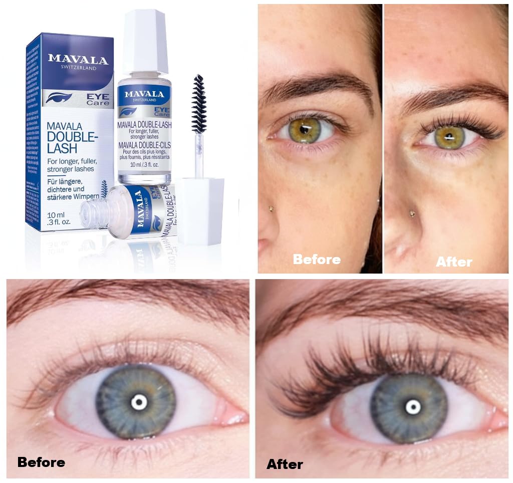 Avant-après illustrant l’effet sur les cils avec Mavala Double Lash.
