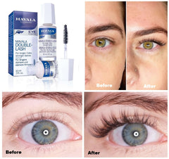 Avant-après illustrant l’effet sur les cils avec Mavala Double Lash.