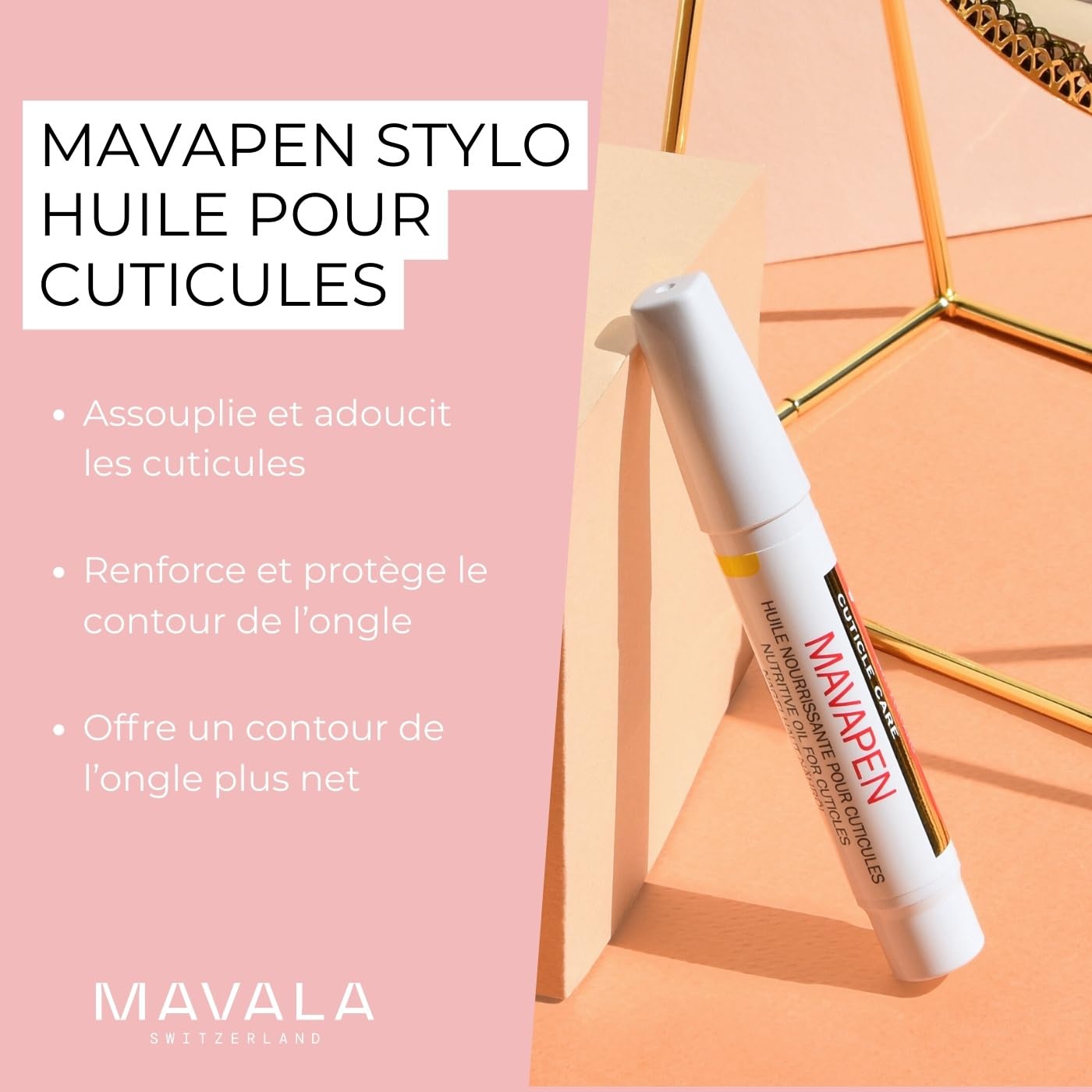 Mavala Mavapen formule vitamine E et F pour assouplir cuticules et contour.