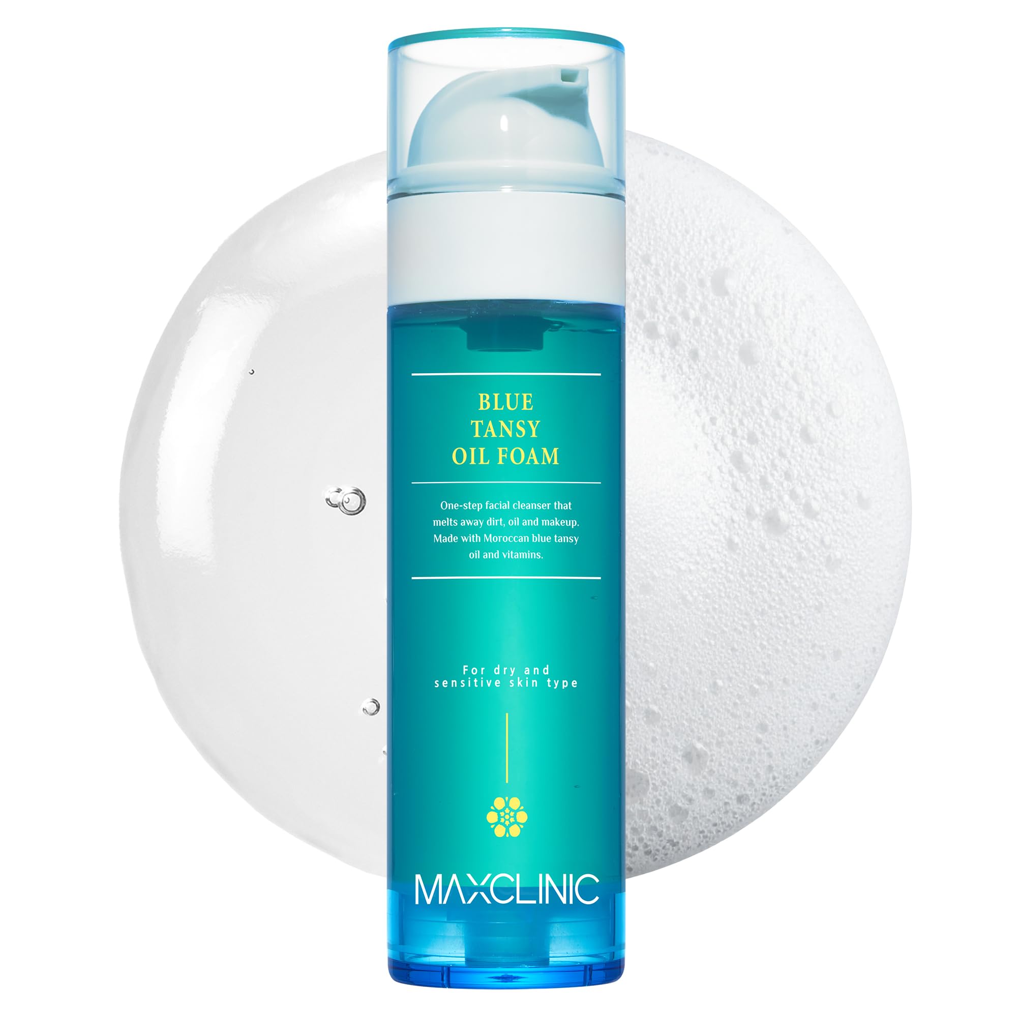 MAXCLINIC - Bouteille du nettoyant huile-mousse à la tanaisie bleue, douceur apaisante.