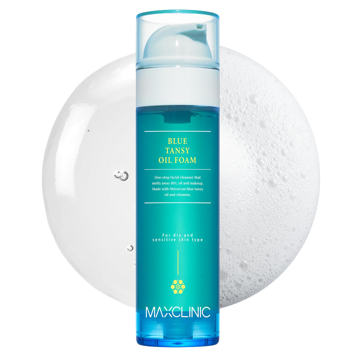 MAXCLINIC - Bouteille du nettoyant huile-mousse à la tanaisie bleue, douceur apaisante.