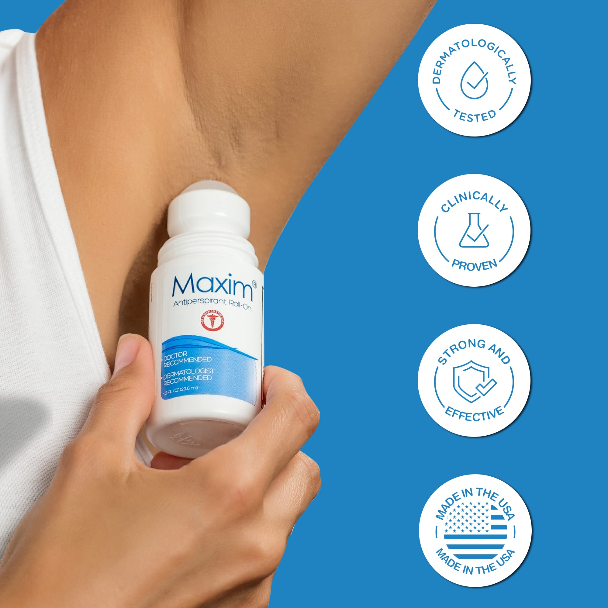 MAXIM déodorant antitranspirant dermatologiquement testé, fabriqué aux Etats-Unis