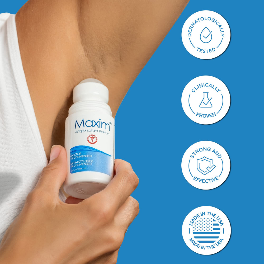 MAXIM déodorant antitranspirant dermatologiquement testé, fabriqué aux Etats-Unis