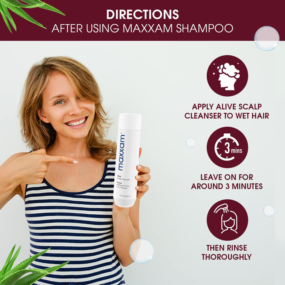 Maxxam Alive Cleansing Shampoo being massaged into hair for lather.