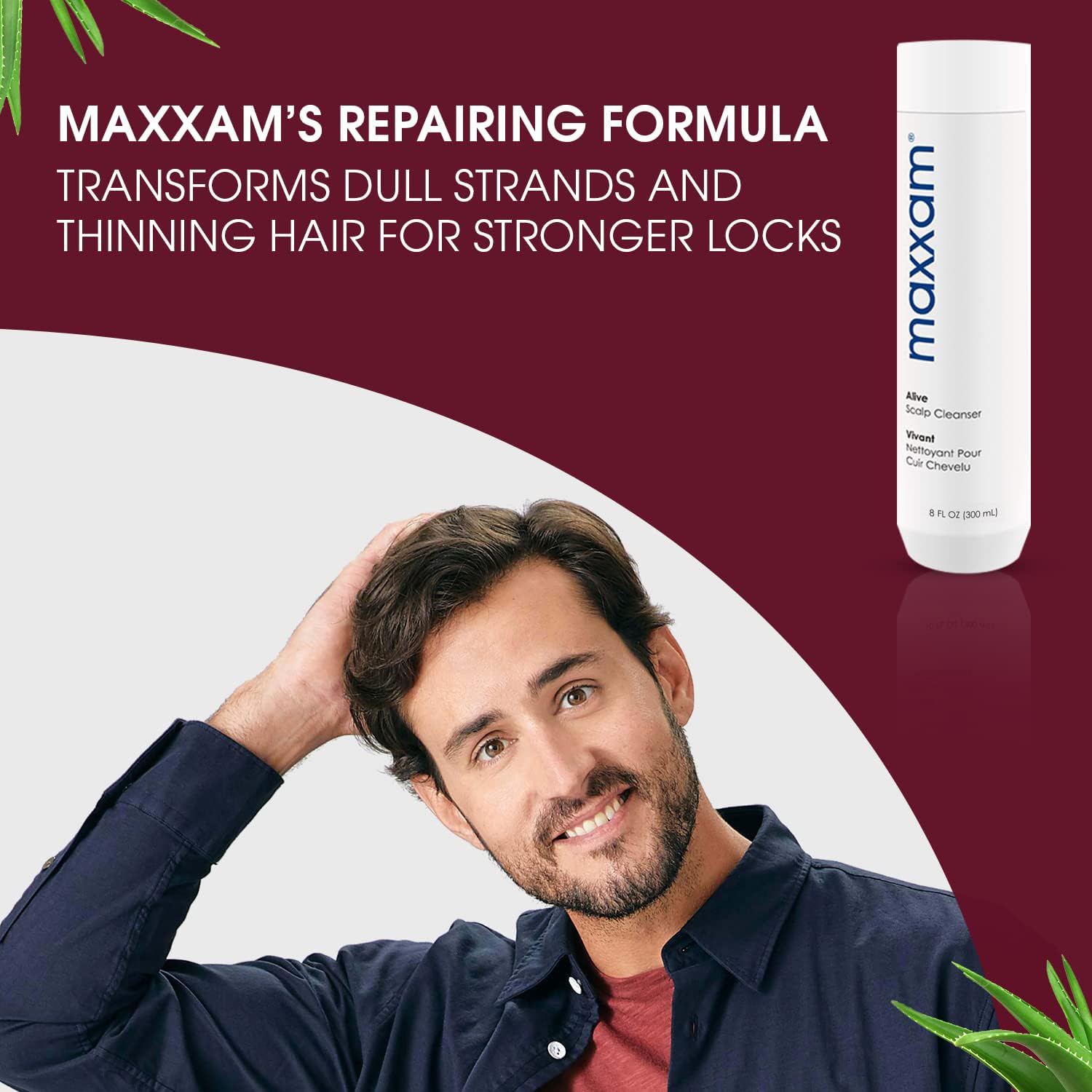 Maxxam Alive Cleansing Shampoo shows enzymes digesting oils for fresh hair.
