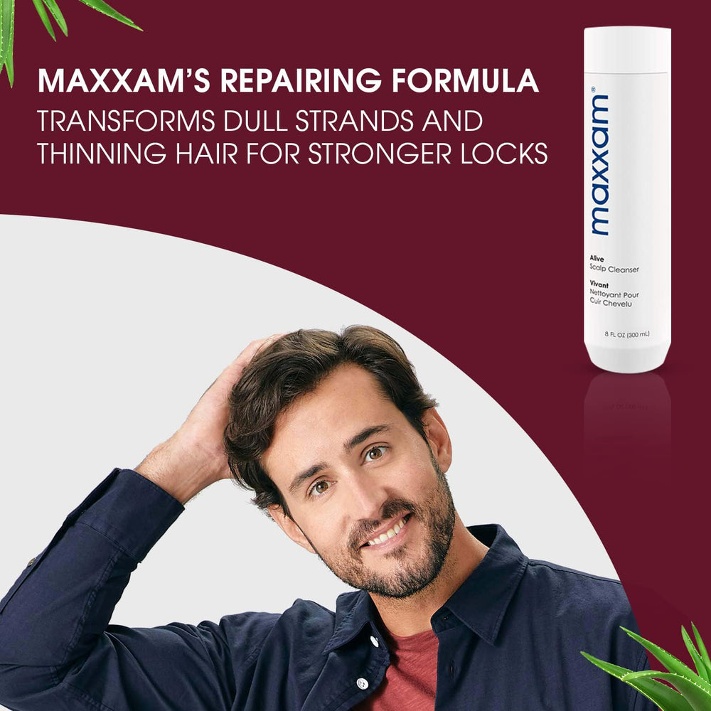 Maxxam Alive Cleansing Shampoo shows enzymes digesting oils for fresh hair.