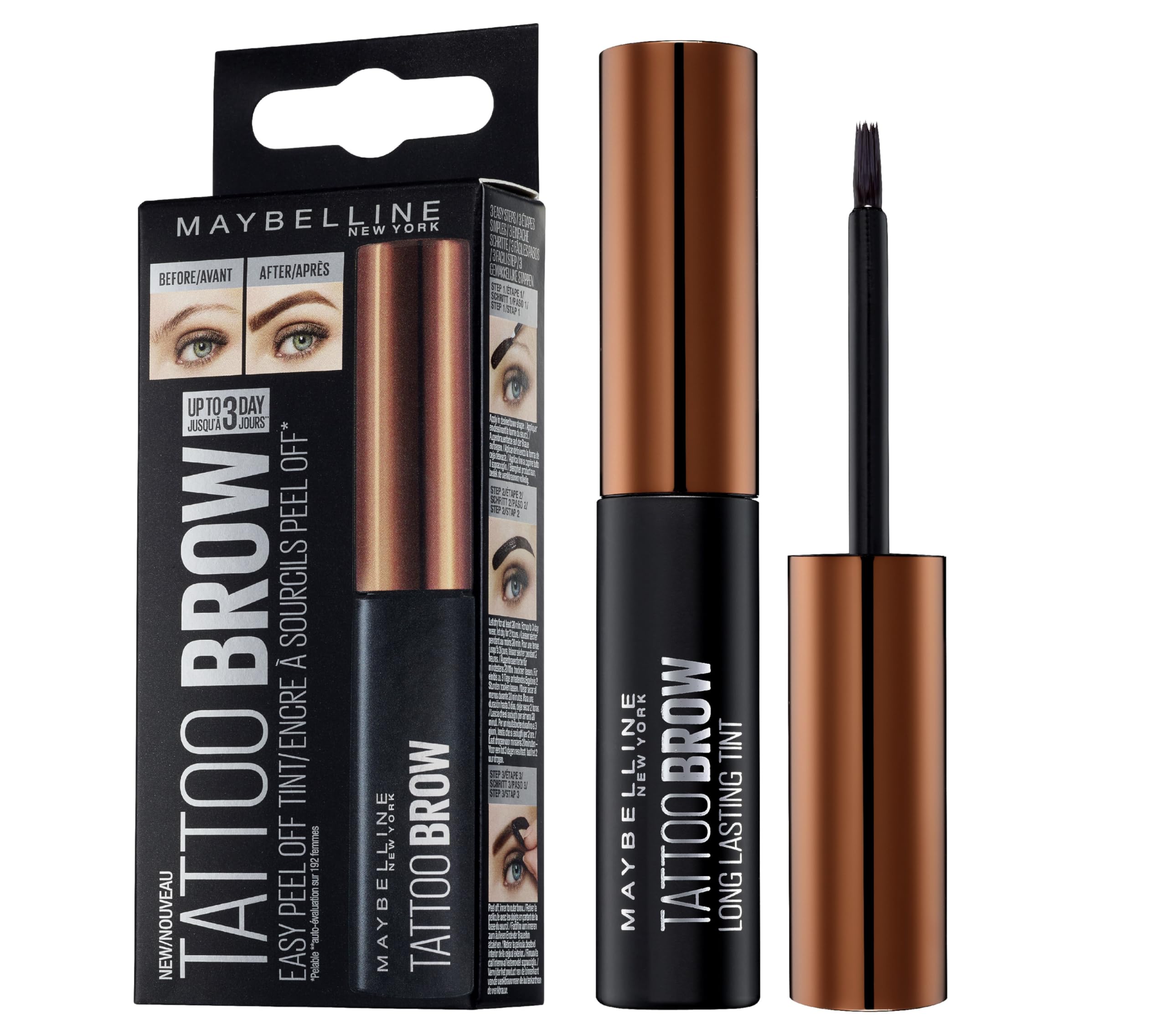 Maybelline Brow Tattoo brun clair – bouteille prête à l’emploi pour une teinte durable des sourcils.