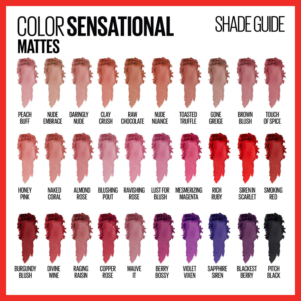 Maybelline Color Sensational rouge à lèvres – rouge mat vif, couleur saturée et tenue.