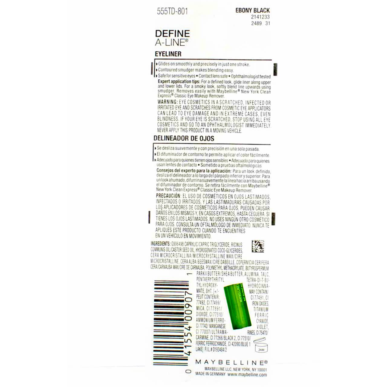 Maybelline Define-A-Line Eyeliner Ebony Black fini doux et velouté sur la paupière.