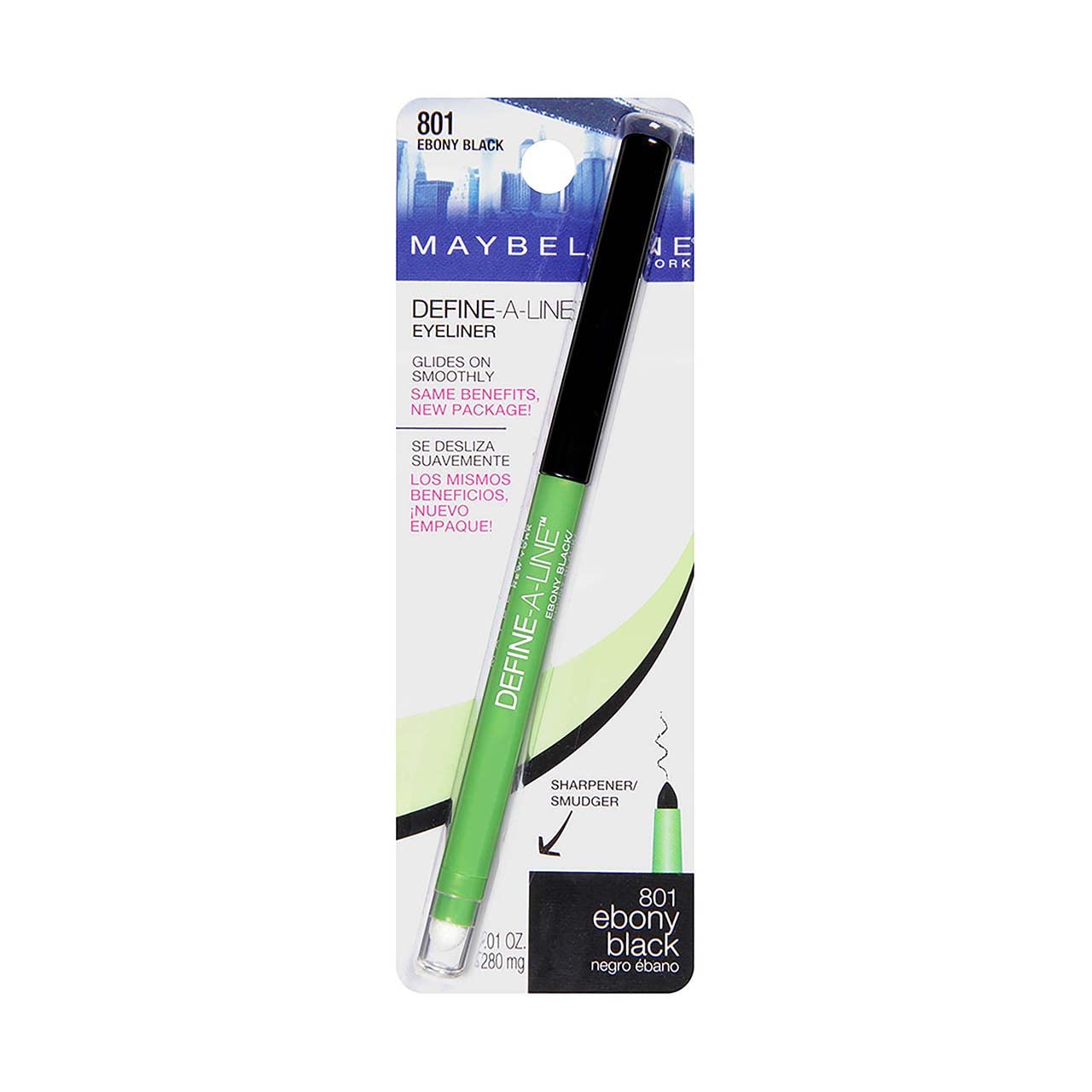 Maybelline Define-A-Line Eyeliner Ebony Black trace ligne cils avec précision et uniformité.
