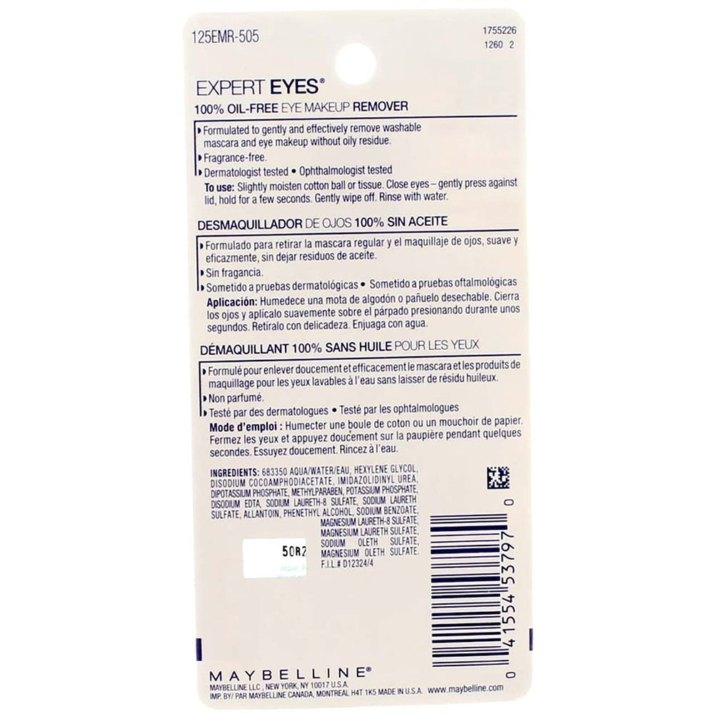 Maybelline Expert Eyes, démaquillant yeux sans huile, finition nette et rapide.