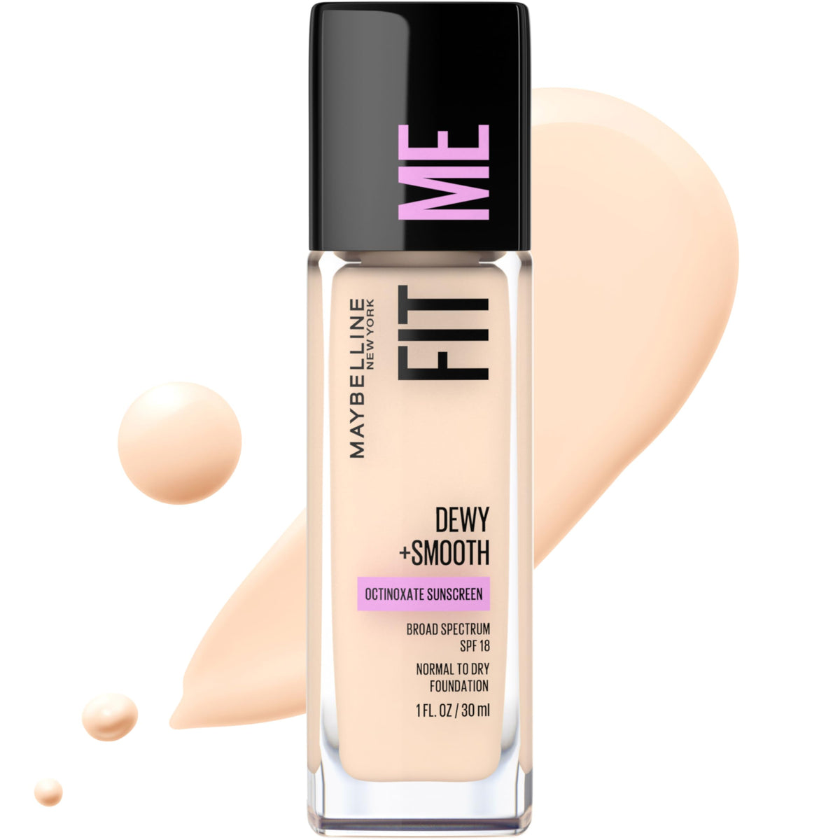 Maybelline Fit Me Porcelaine Claire, bouteille de fond de teint hydratant et lumineux.