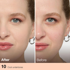Maybelline Fit Me Correcteur Liquide appliqué sous les yeux; réduction des rougeurs visibles.