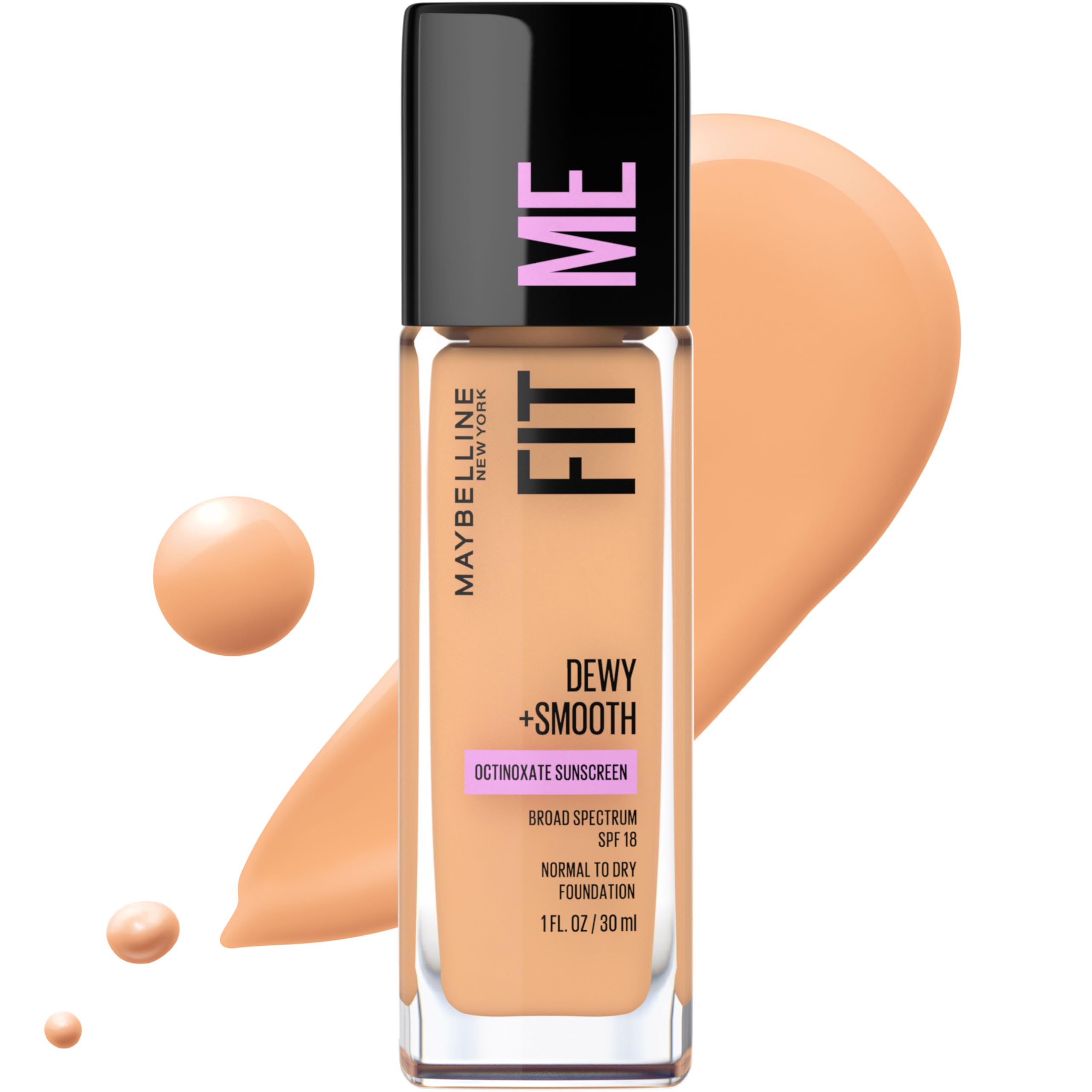 Maybelline Fit Me Dewy + Smooth : bouteille lumineuse reflétant un fini naturel.