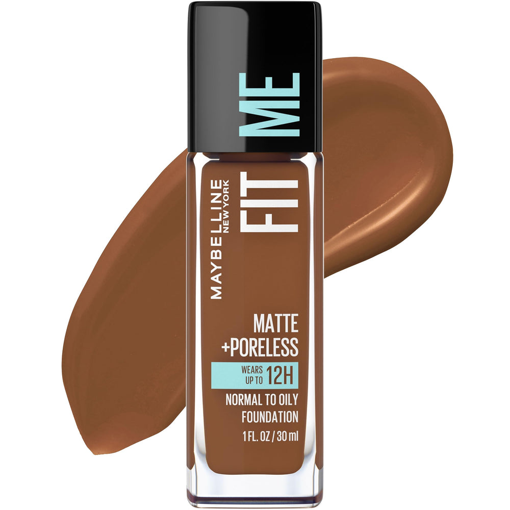 Maybelline Fit Me Matte + Poreless, bouteille fluide, fini mat naturel sur peau grasse.