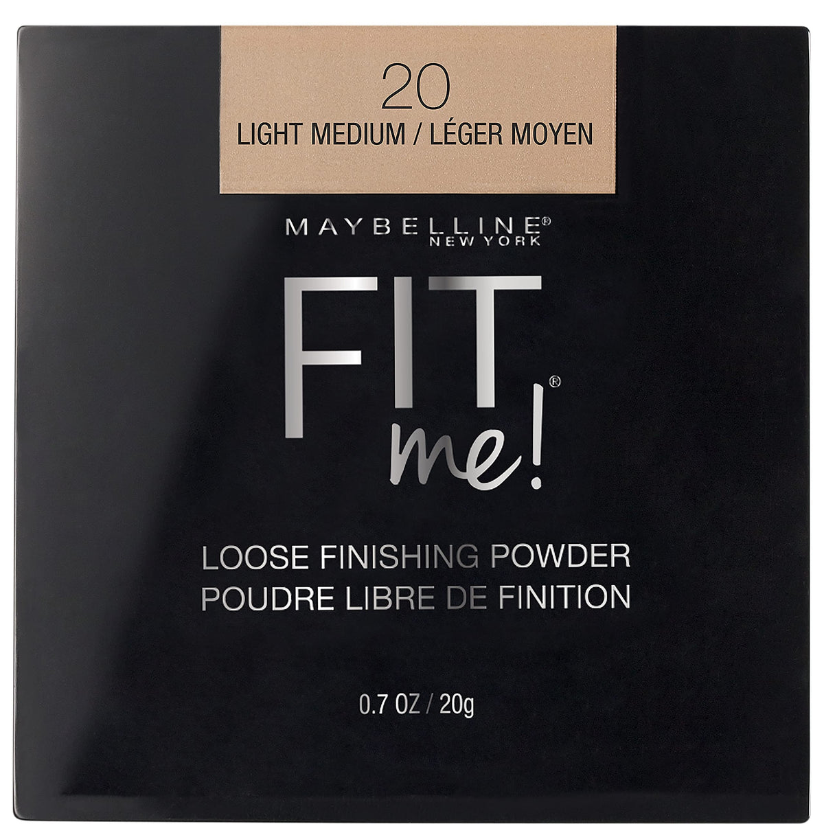 Maybelline Fit Me Poudre Libre sur emballage, finition naturelle et contrôle de brillance.