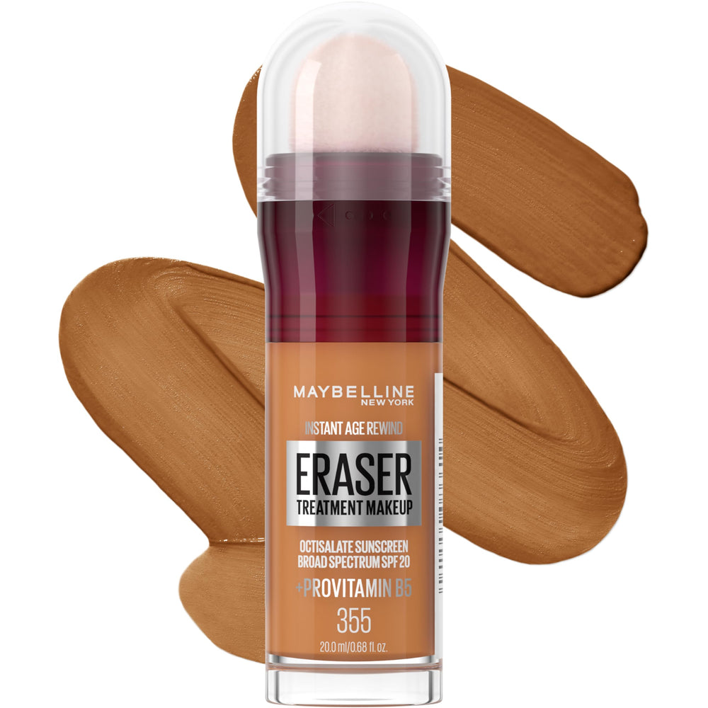 Maybelline Instant Age Rewind Eraser Foundation, bouteille lumineuse, couvrance naturelle et hydratante.