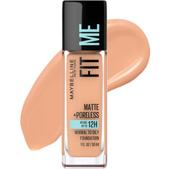 Maybelline Fit Me fond de teint matte poreless – flacon visible et fini naturel.