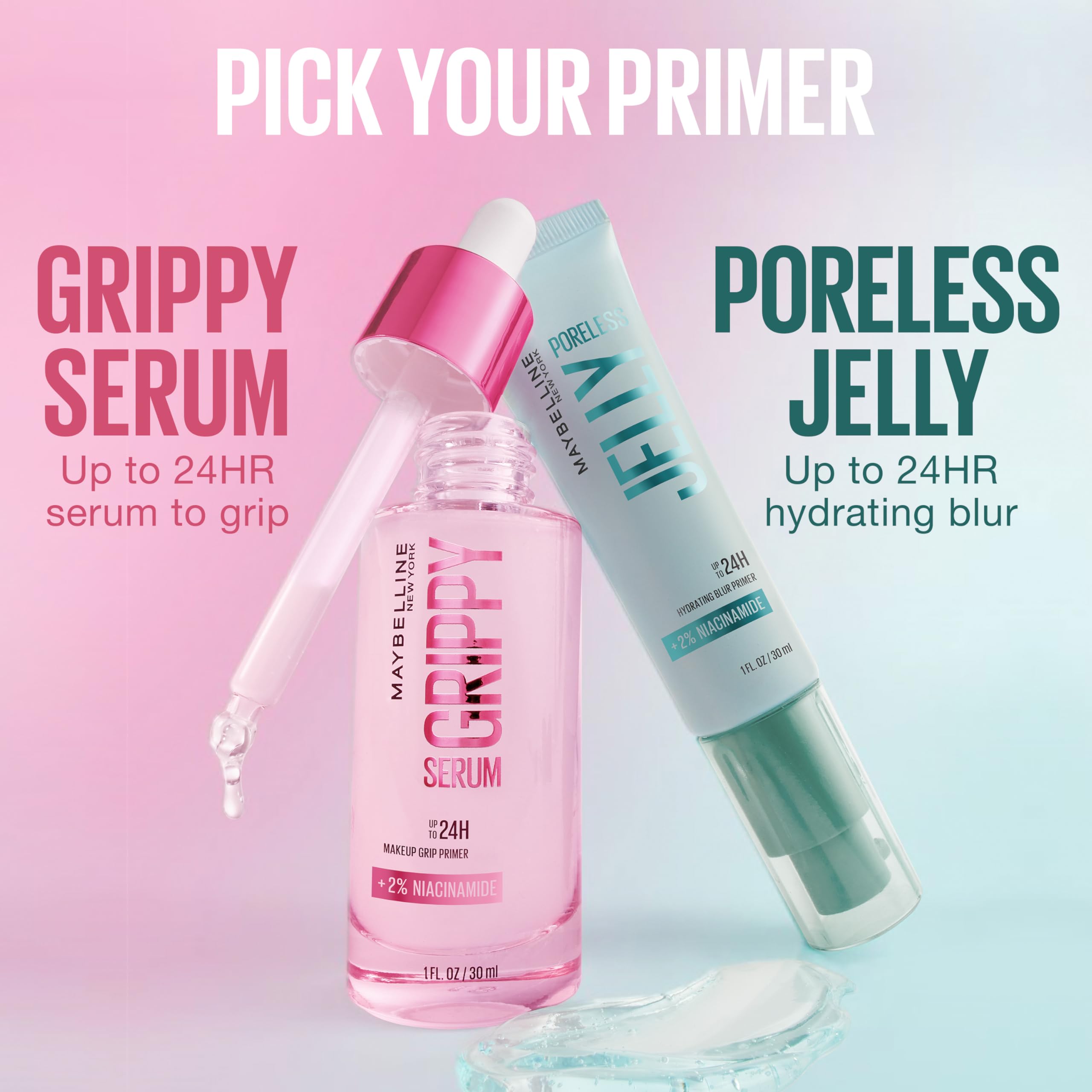 Maybelline Grippy Serum Primer – compatible avec fond de teint et correcteur pour une base unifiée