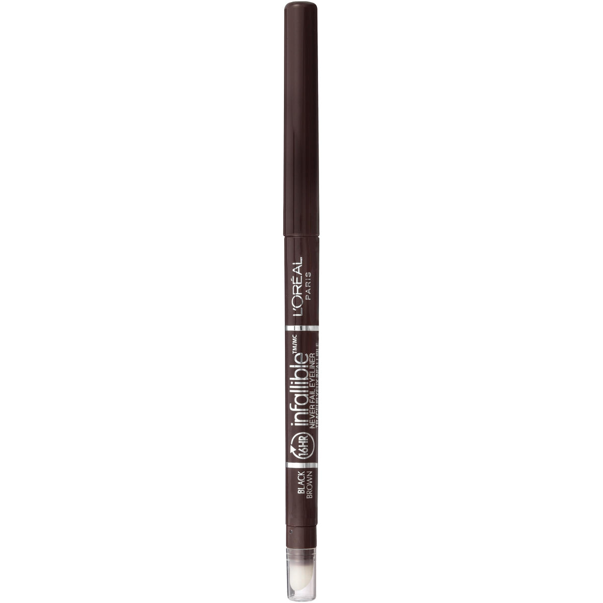 Maybelline Infallible stylo yeux mécanique avec aiguiseur intégré, application fluide et longue tenue.