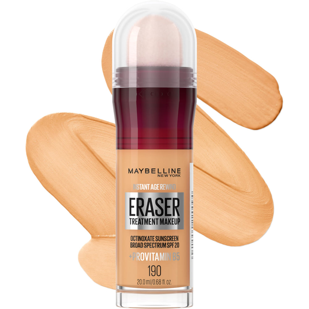 Flacon Maybelline Instant Age Rewind Eraser montrant le produit et le teint uniforme.