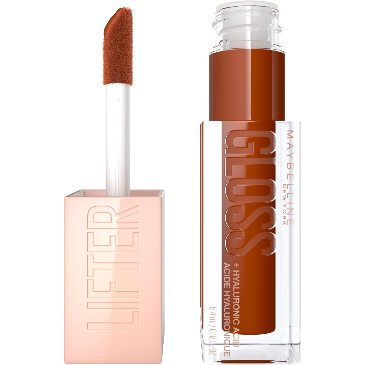 Maybelline Lifter Gloss Caramel : brillance hydratante et tenue lumineuse des lèvres.