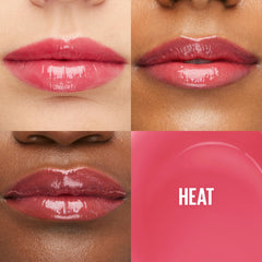 Maybelline Lifter Gloss Heat Framboise offre une teinte rosée lumineuse.