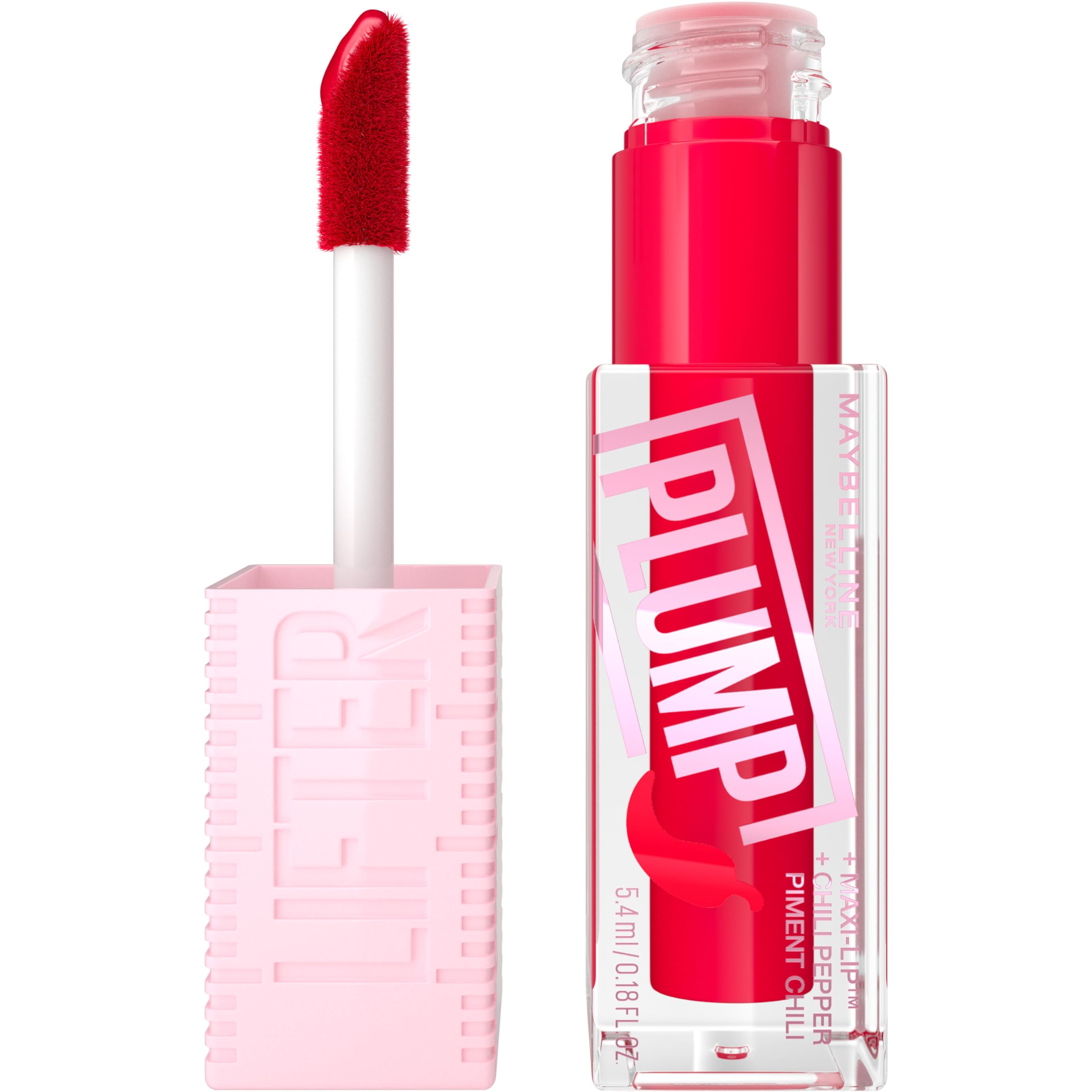 Maybelline Lifter Gloss Plump avec applicateur XL pour une application rapide et un effet plump lumineux.