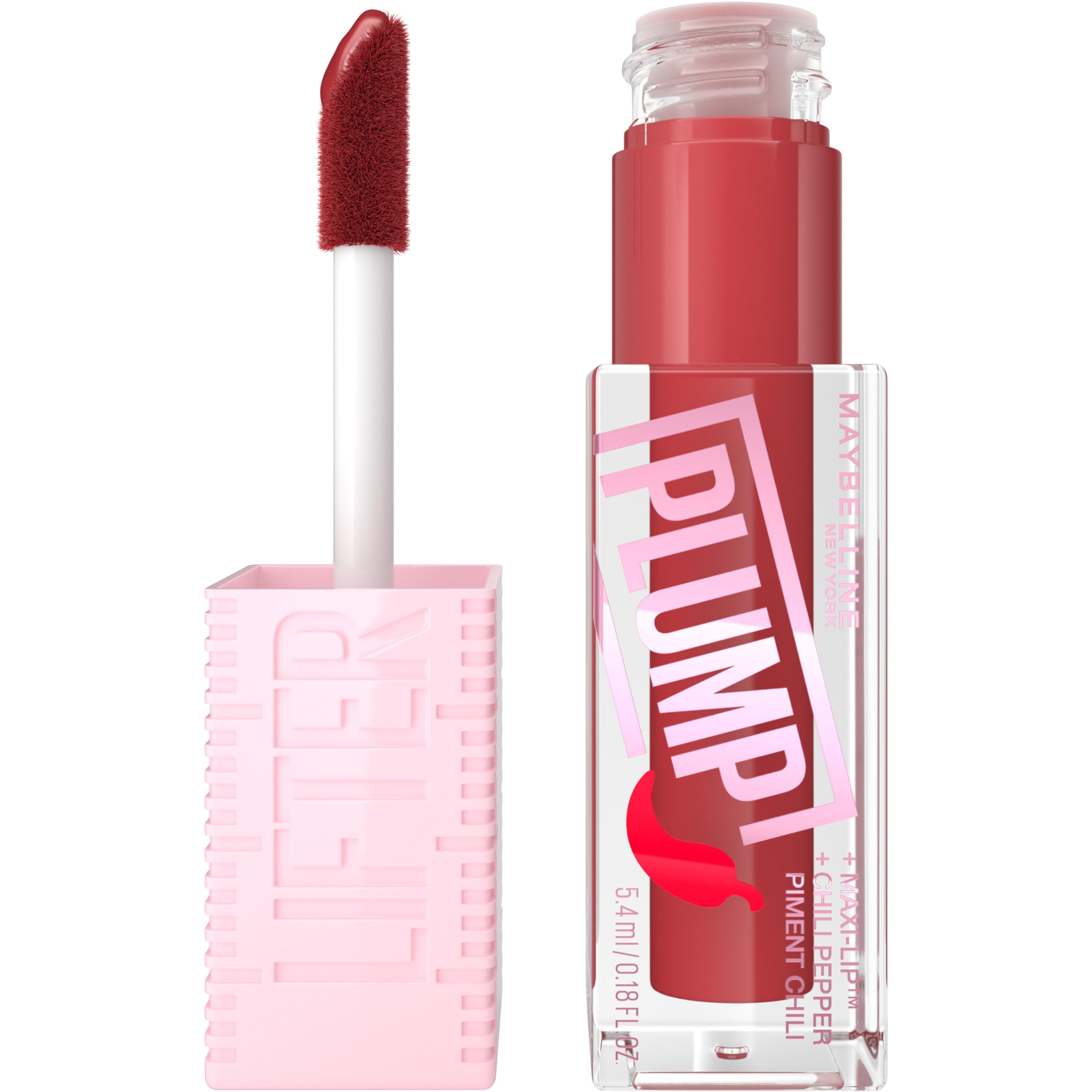 MAYBELLINE Lifter Gloss Plump avec embout XL et piment pour lèvres repulpées.