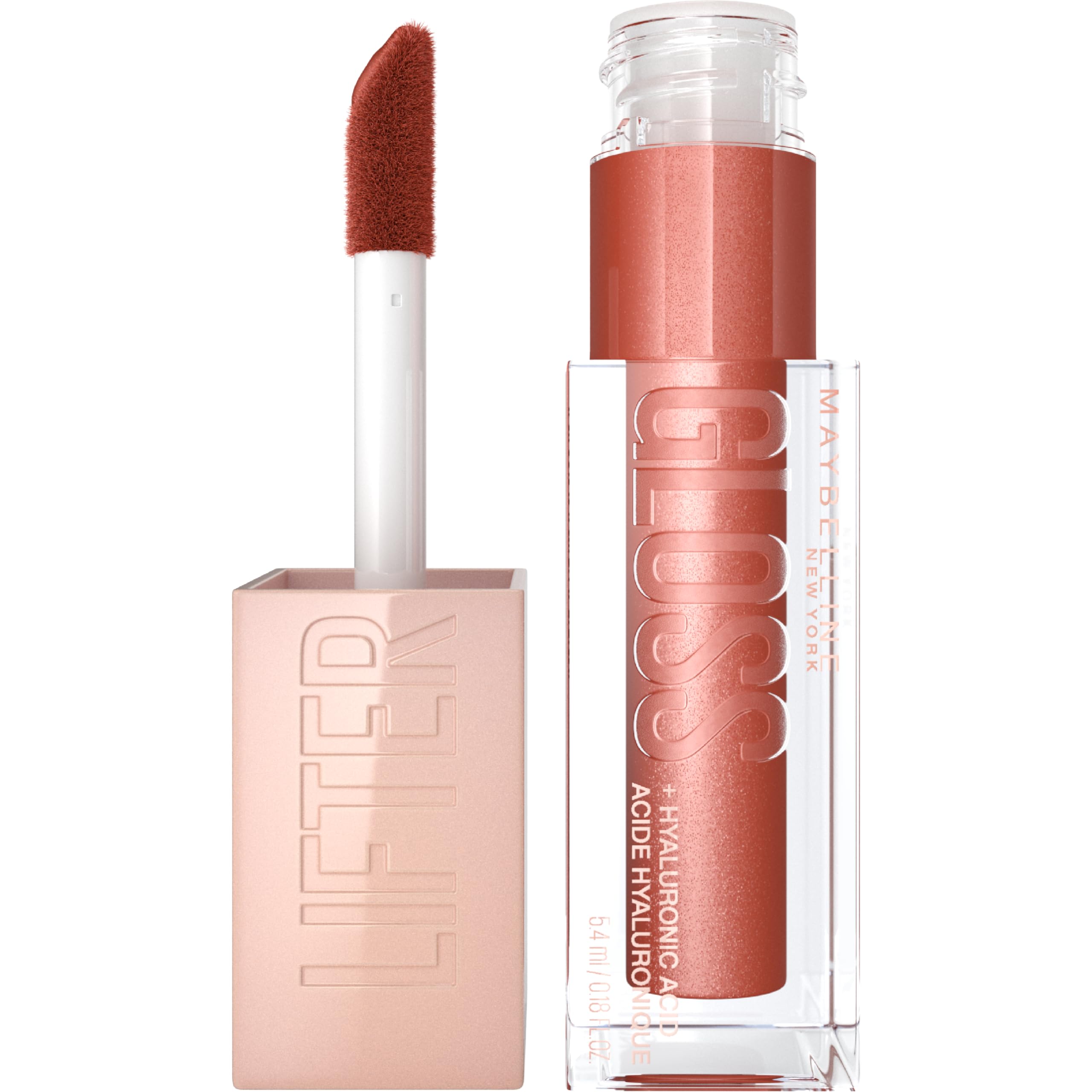 Maybelline Lifter Gloss Topaz en application, brillance élevée et lèvres hydratées.