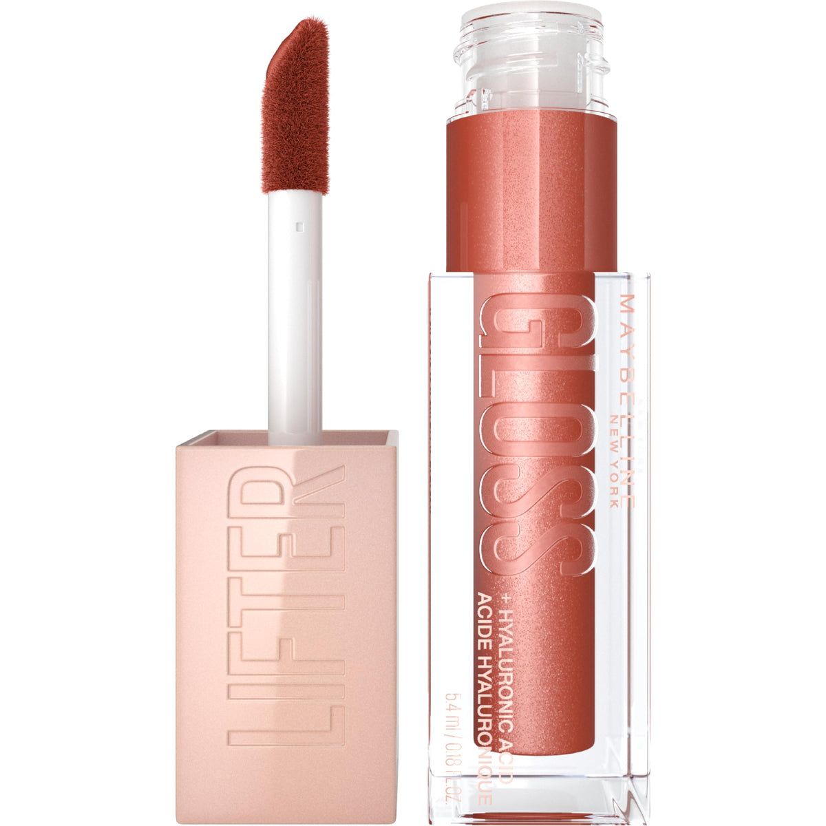 Maybelline Lifter Gloss Topaz en application, brillance élevée et lèvres hydratées.