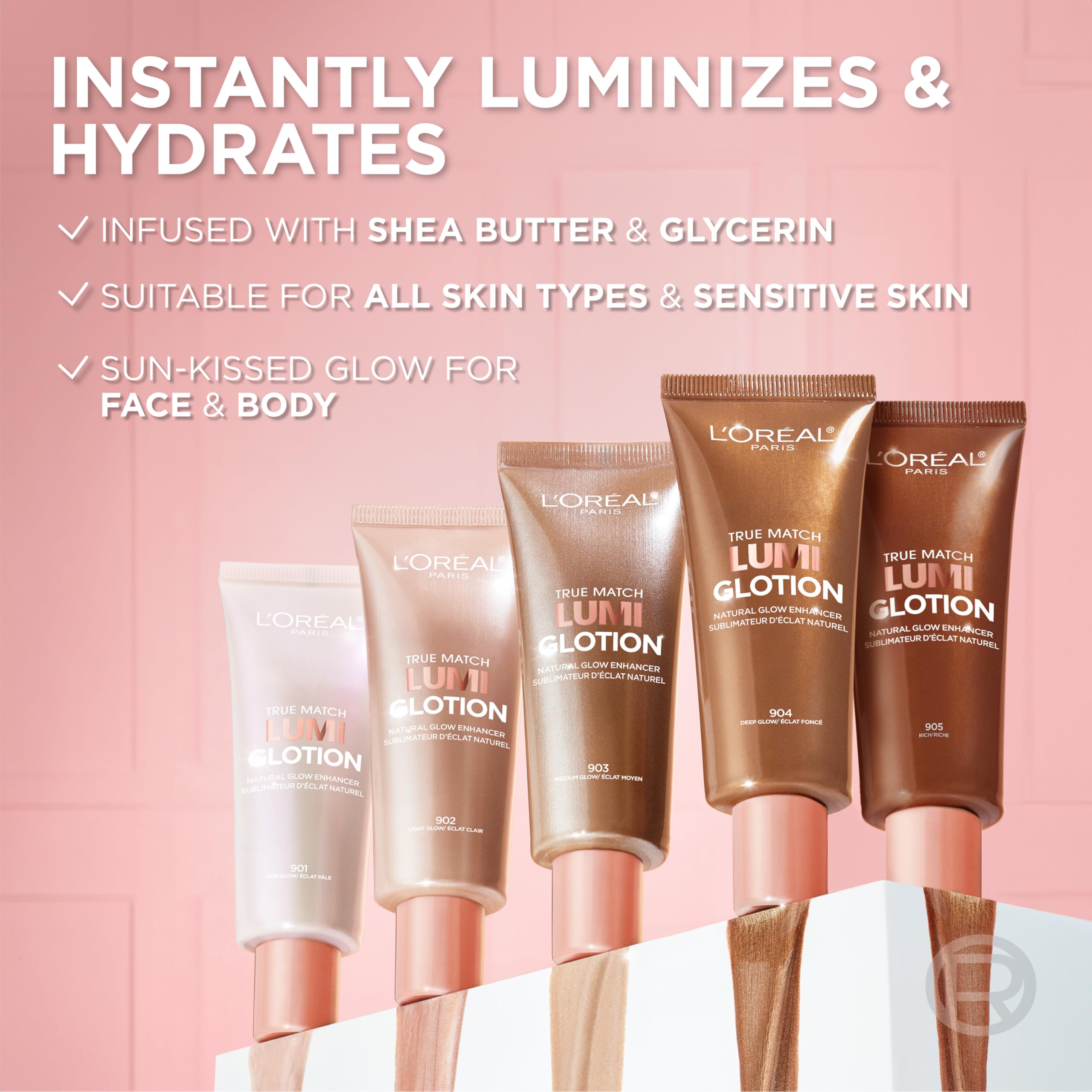 MAYBELLINE Lumi Glotion appliqué sur zones ciblées pour effet lumineux.