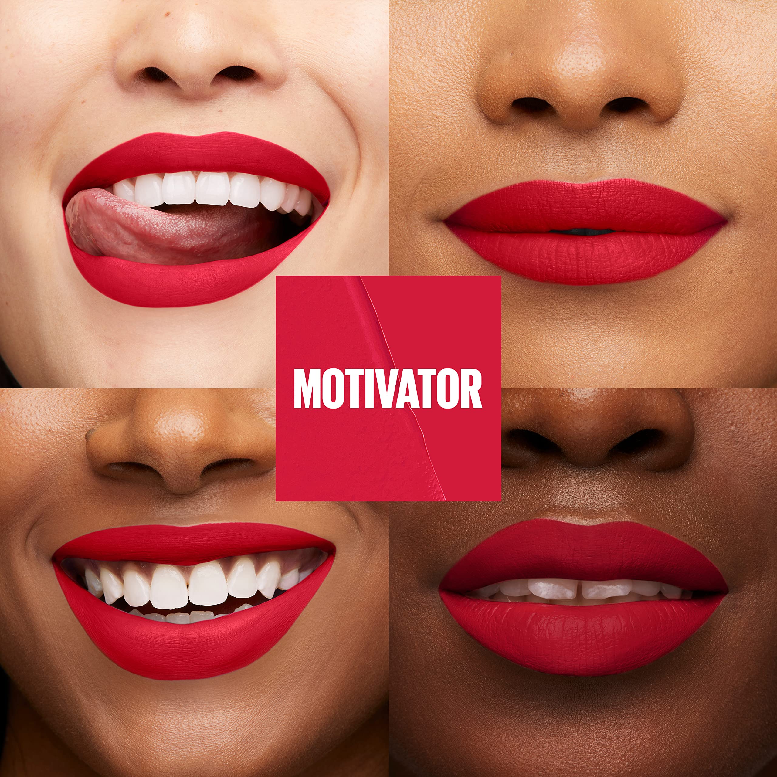 Maybelline Moodmakers Motivator teinte rouge, allure audacieuse et effet durable.