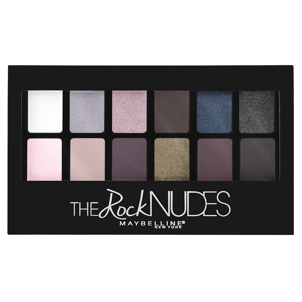 Maybelline Rock Nudes, palette ouverte, 12 teintes pour un regard charbonneux polyvalent.