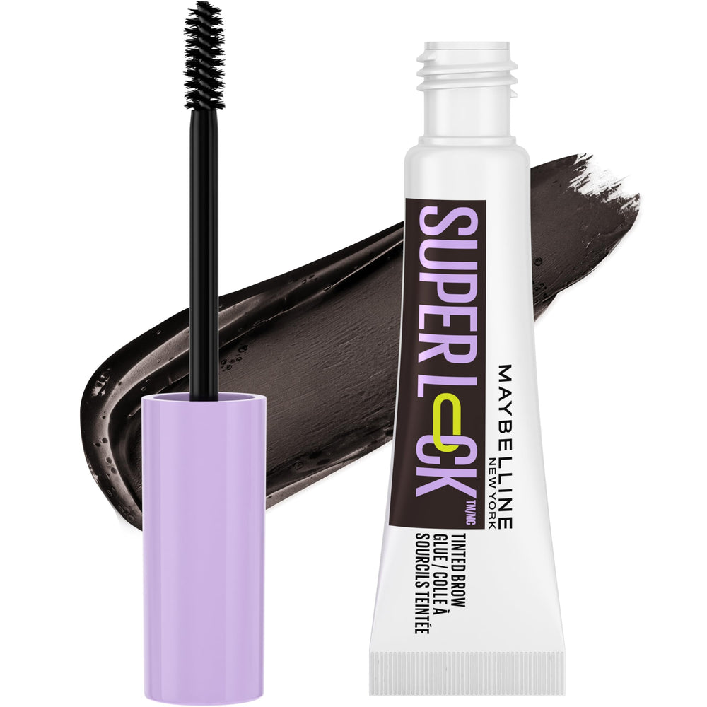 Maybelline Super Lock Brow Glue montre le flacon pour une tenue durable toute la journée.