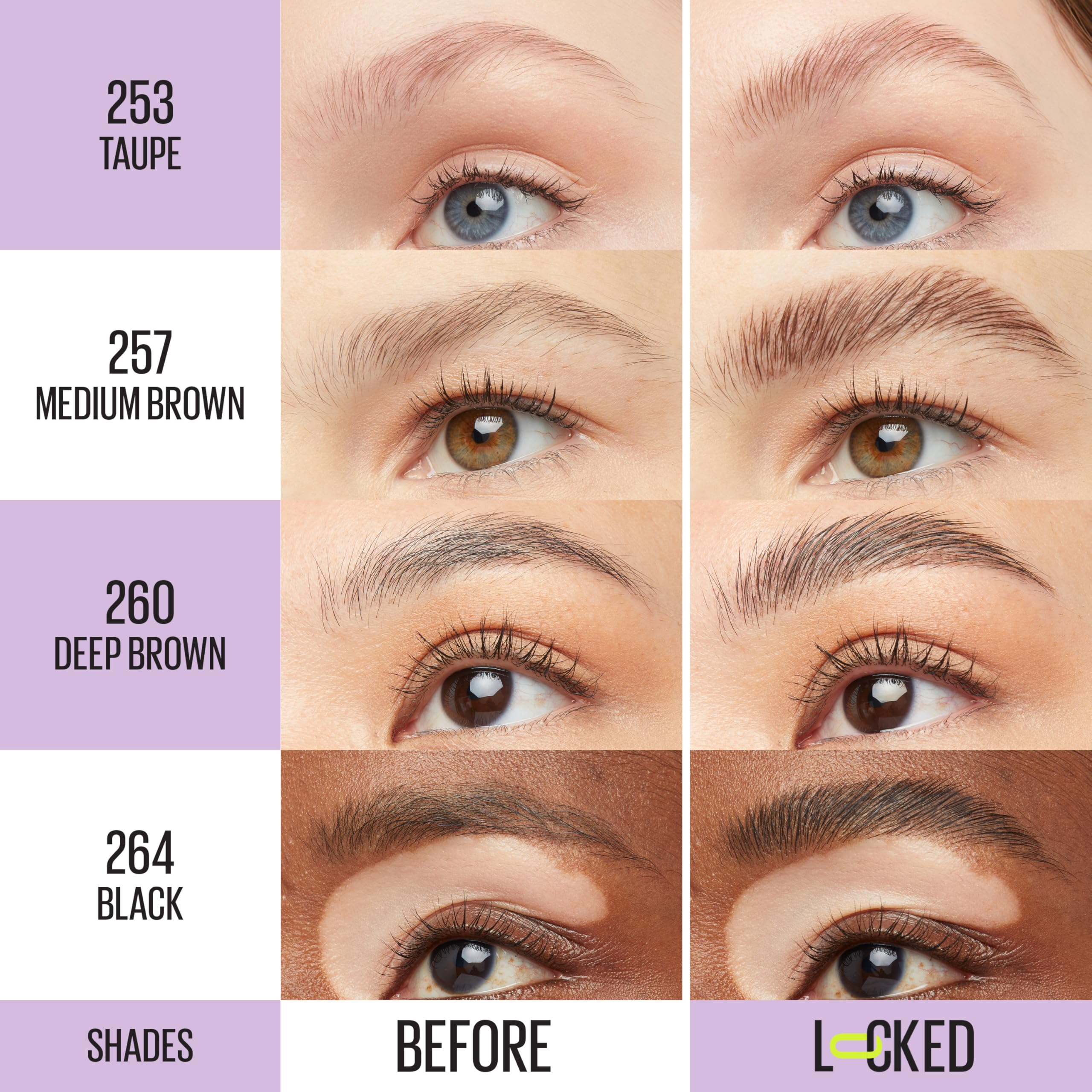 Maybelline Super Lock Brow Glue teinte brun moyen pour sourcils définis.