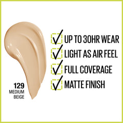 Échantillons swatches teinte beige moyen Maybelline montrant couleur et couvrance.