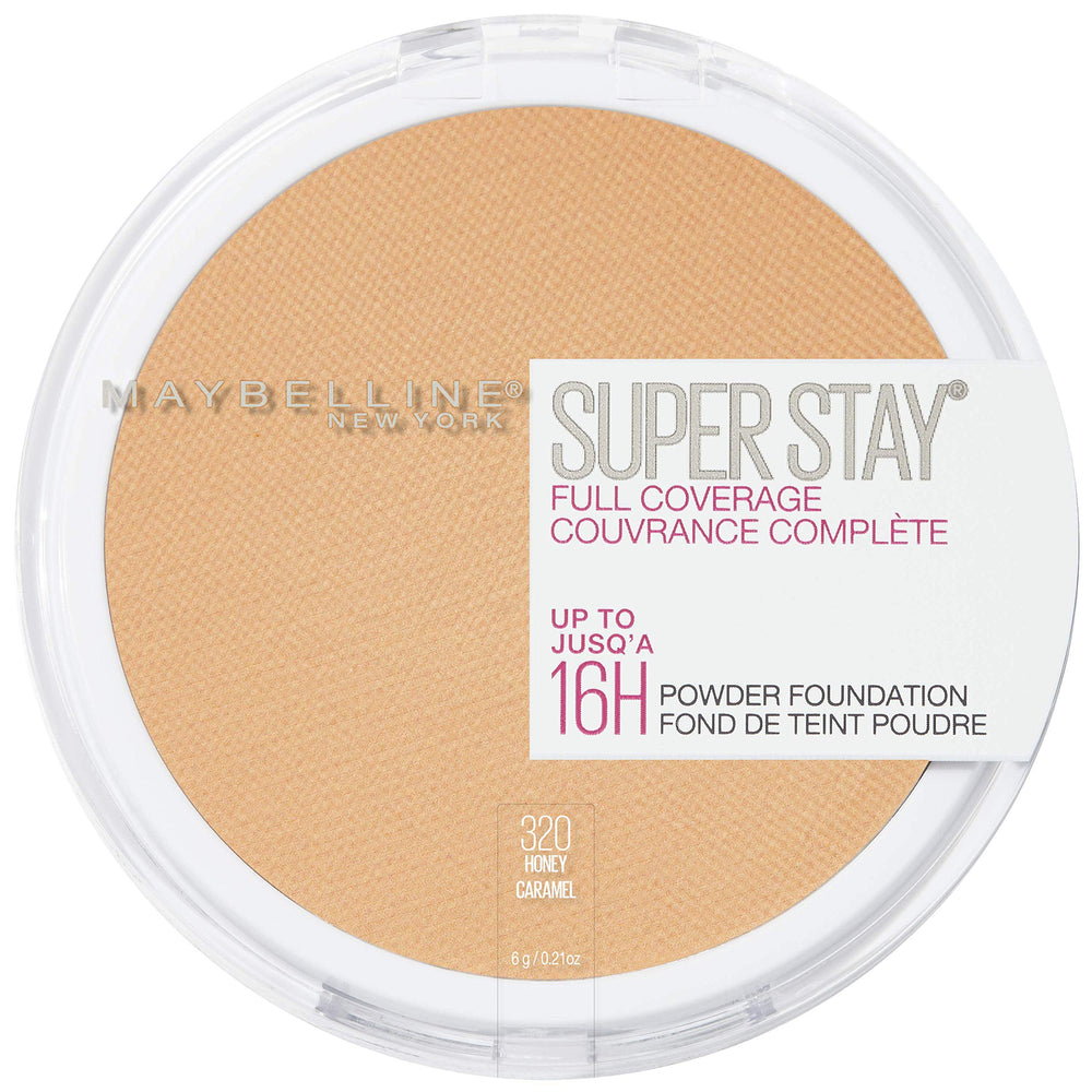 Maybelline Super Stay Poudre fond Honey, application crèmeuse facile, couvrance élevée et tenue longue durée.