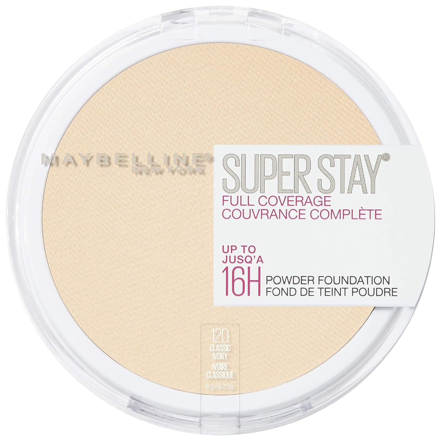 Maybelline Super Stay poudre haute couverture — emballage visible pour une couvrance durable et portable.
