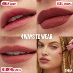 Maybelline Teddy Tint, tenue jusqu'à 12 heures sans transfert sur les lèvres.