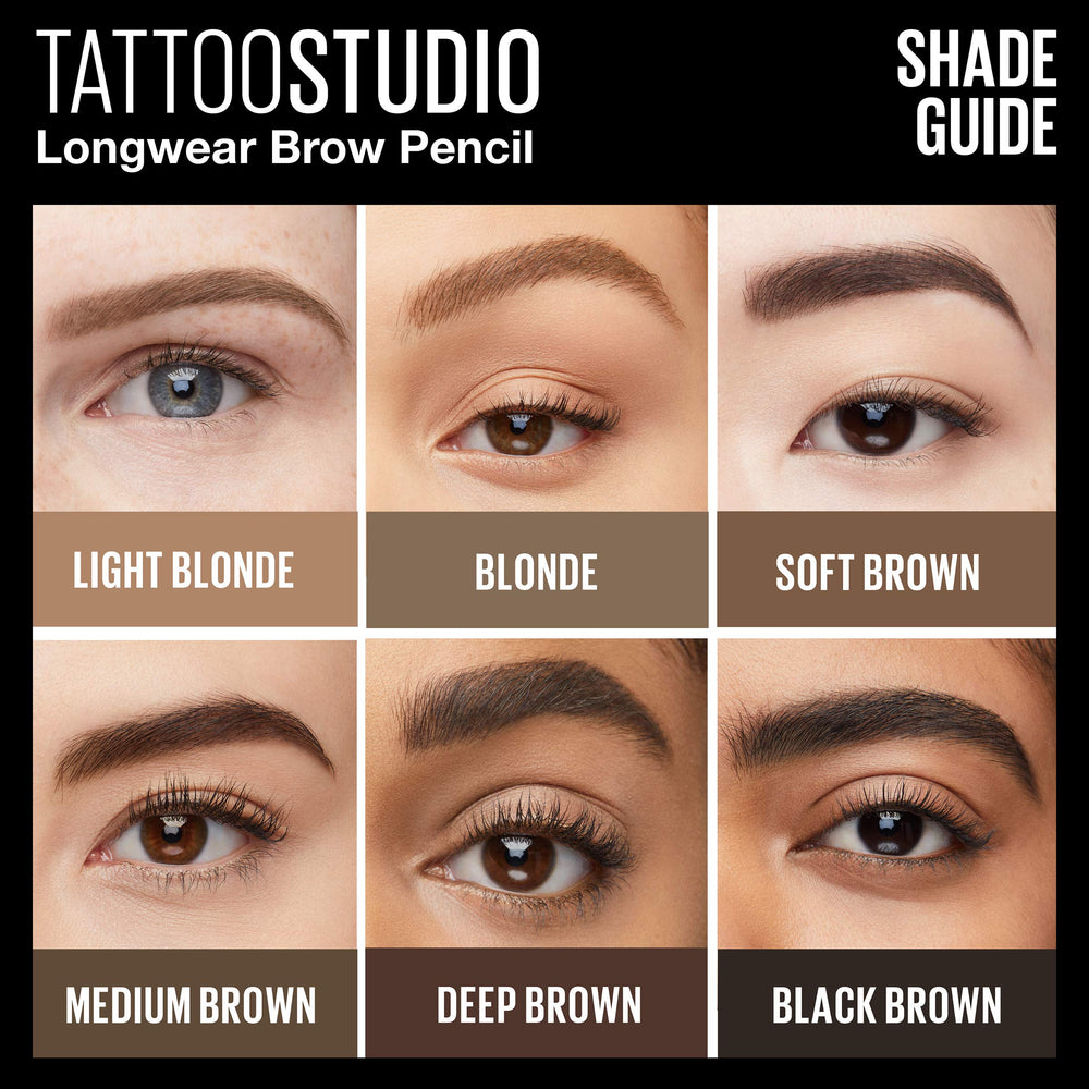 Maybelline TattooStudio: teinte Marron Doux adaptée pour des sourcils harmonieux.