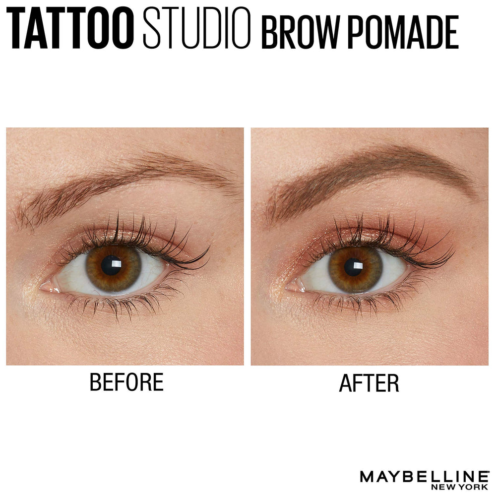 Maybelline TattooStudio Brow Pomade blonde, application douce et couleur harmonisée.