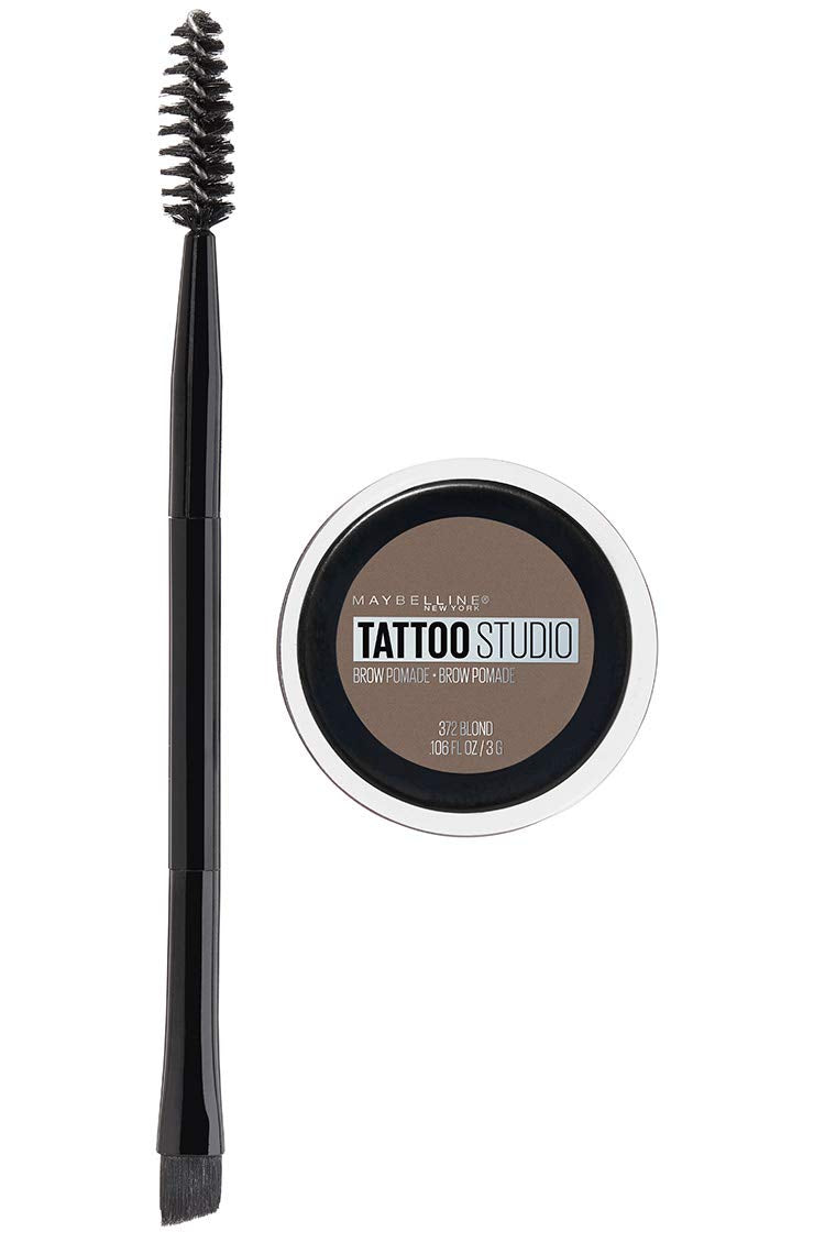 Maybelline TattooStudio Brow Pomade blonde flacon, tenue longue durée sans bavure.