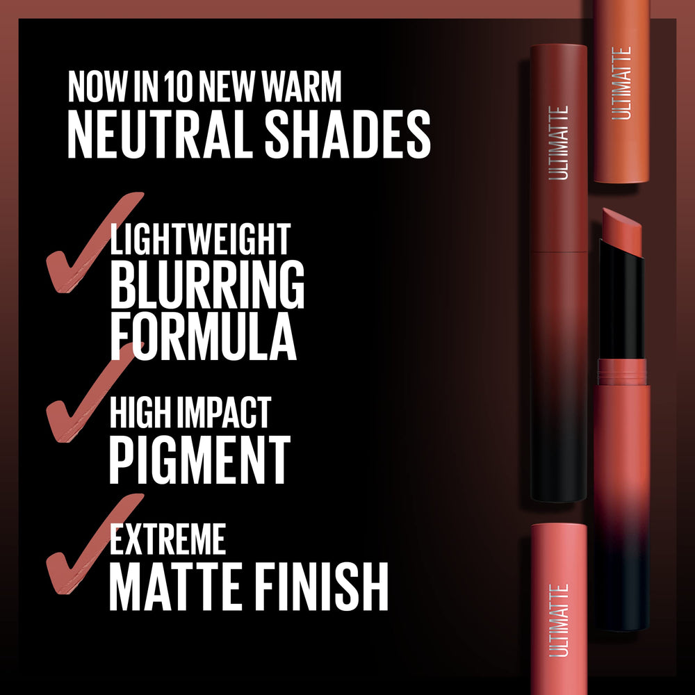 Maybelline Ultimatte Slim neutres chauds, idéale pour nude ou rouge.