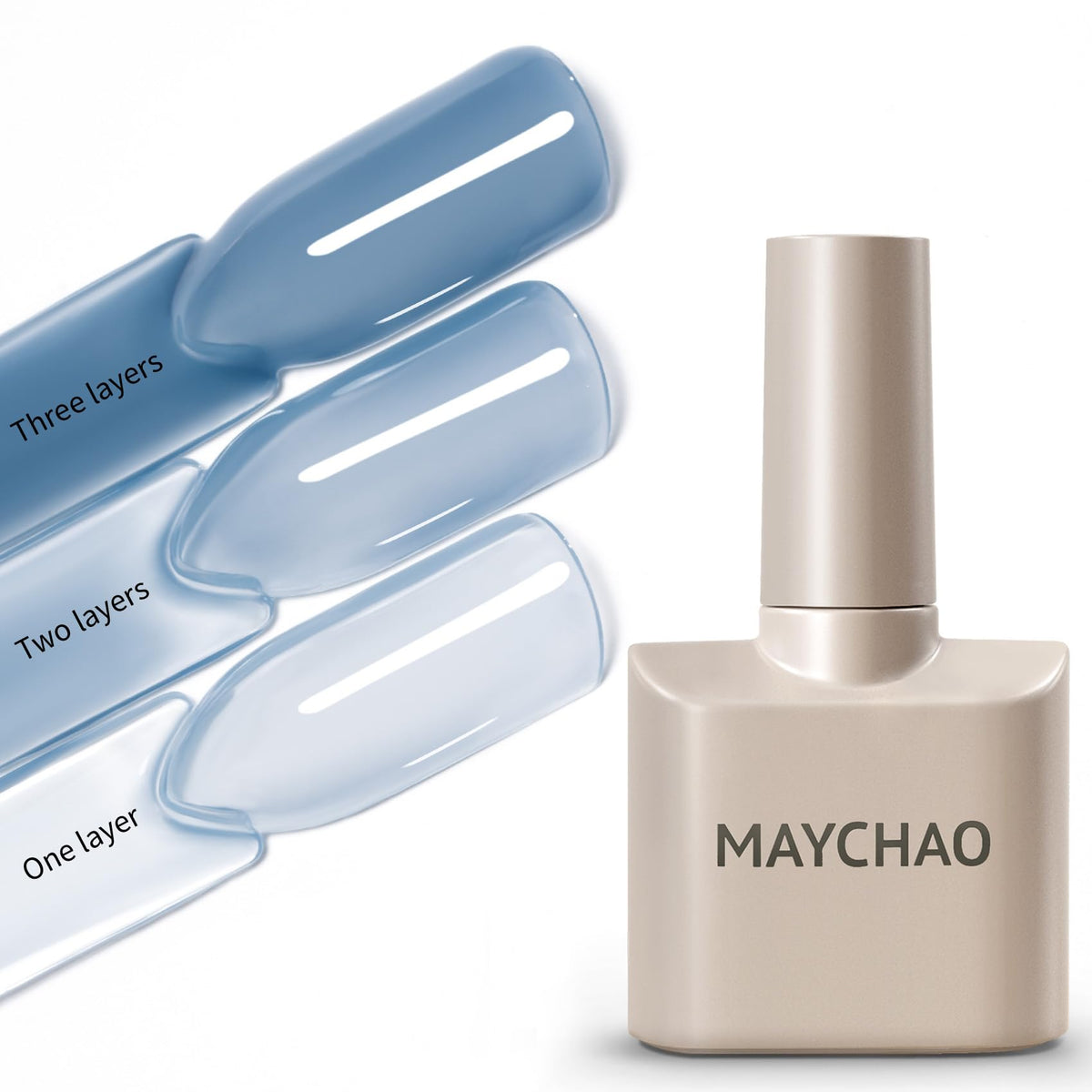 Vernis gel jelly MAYCHAO bleu navy en bouteille, teinte translucide parfaite pour une manucure rapide.