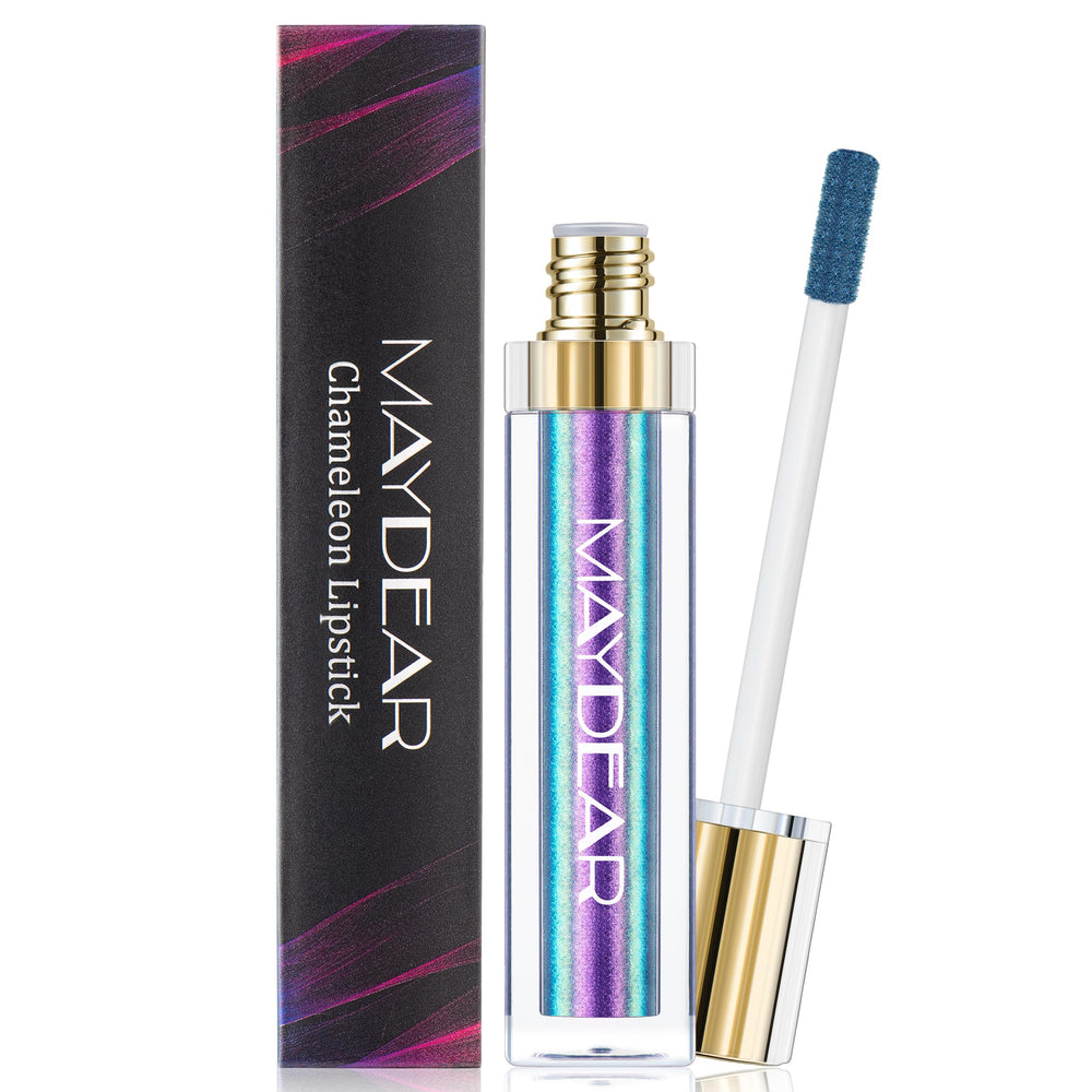 Maydear Chameleon: effet bleu-violet multichrome sur lèvres et yeux, polyvalence maquillage.