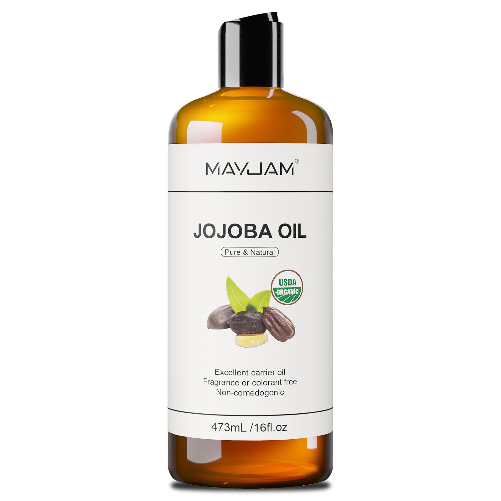 MAYJAM huile jojoba en bouteille 473 ml, hydratation légère pour peau et cheveux.