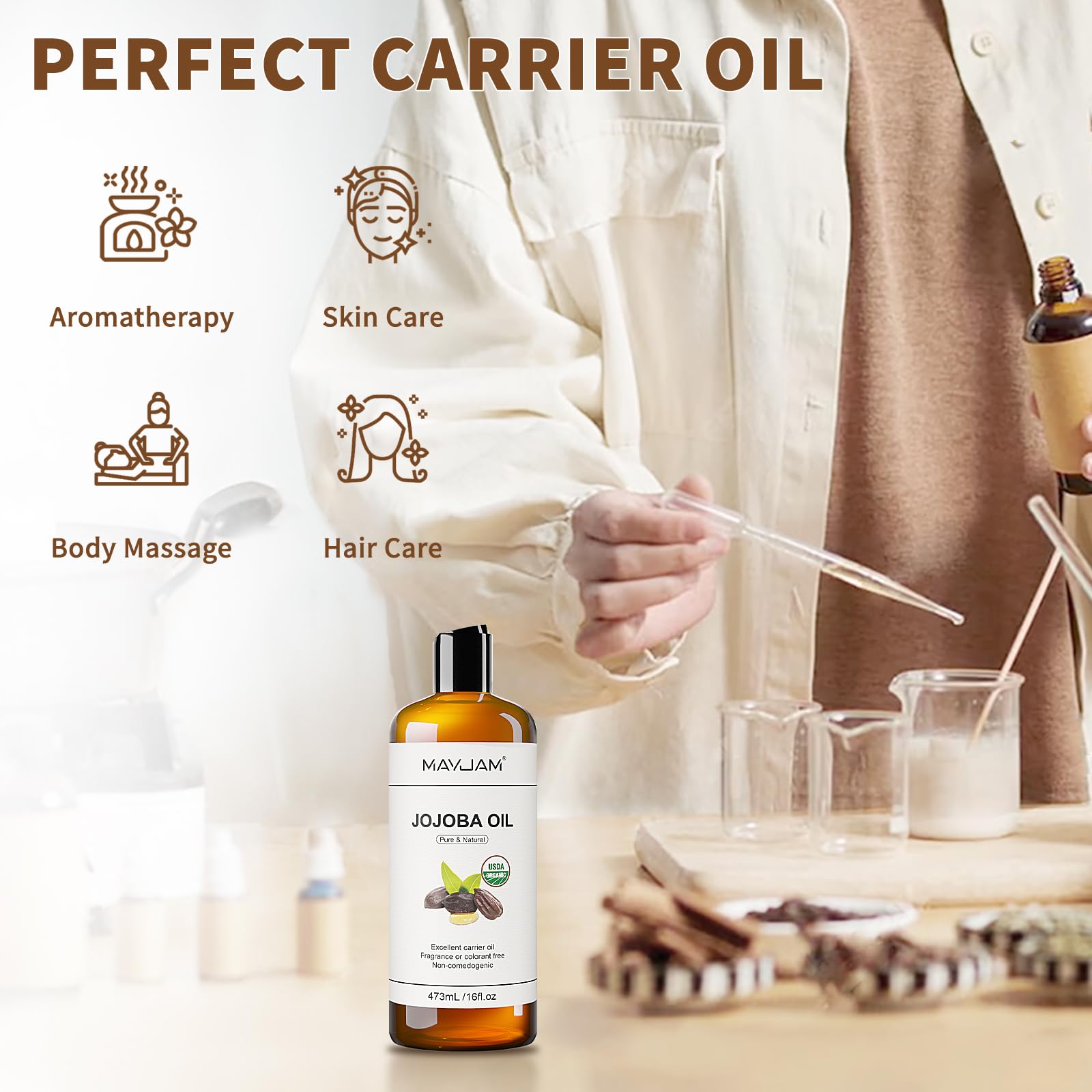 MAYJAM huile jojoba multi-usages, soin cheveux et peau polyvalent.