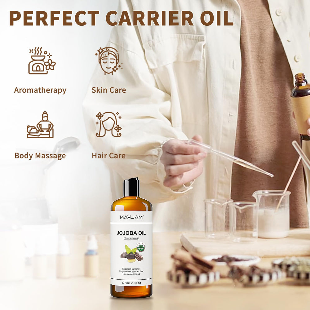 MAYJAM huile jojoba multi-usages, soin cheveux et peau polyvalent.